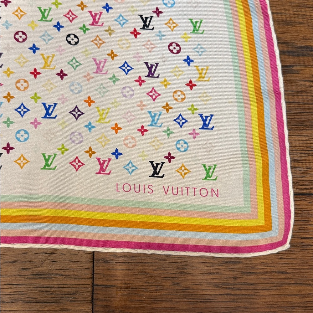 Louis Vuitton Takashi Murakami White Multicolor Silk Scarf 26.5x26.5” - Picture 2 of 13